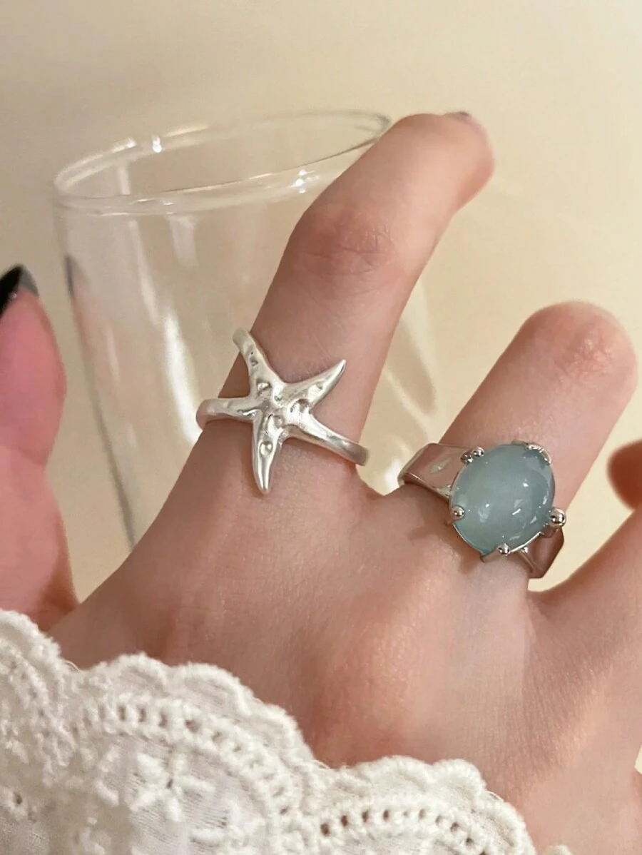 Set de 2 anillos abiertos con decoración de estrellas de mar, adecuados para uso diario por mujeres