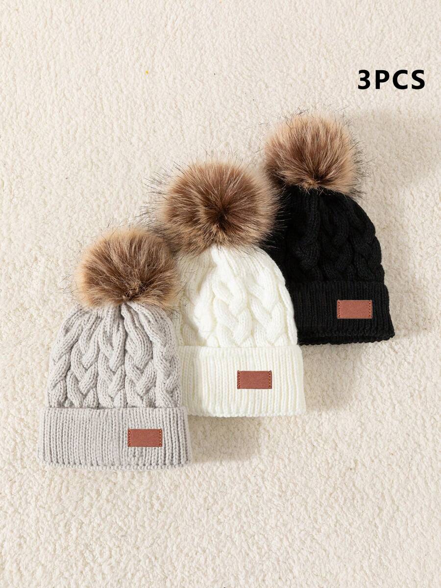 3 pezzi di berretto lavorato a maglia con etichetta a cucitura e pon pon, stile Y2K, cappello invernale caldo da indossare all'aperto, adatto per bambini piccoli e neonati, ideale per uso quotidiano