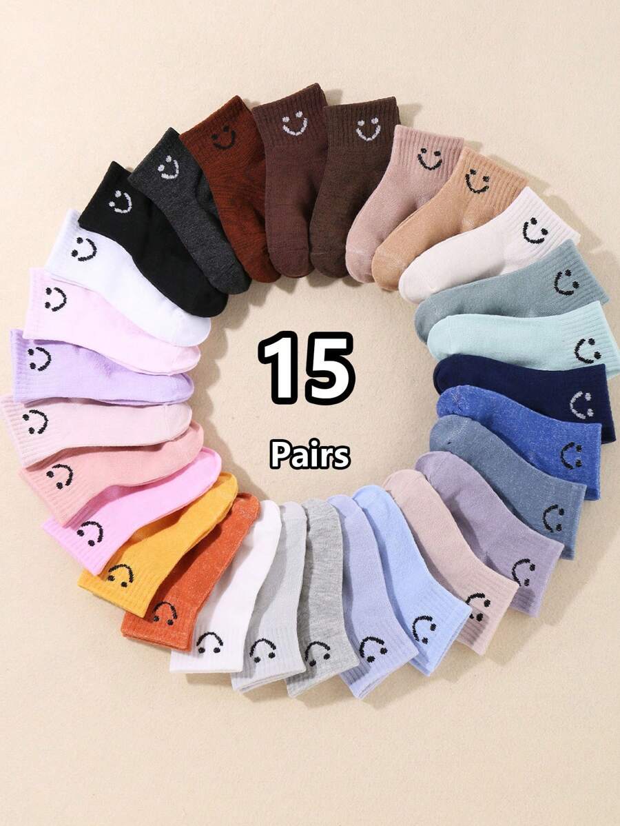 15 Pairs Of Baby Random Socks Baby Solid Color Elastic Socks Kids Casual Cartoon Socks Boys Girls Everyday Mid-Tube Socks