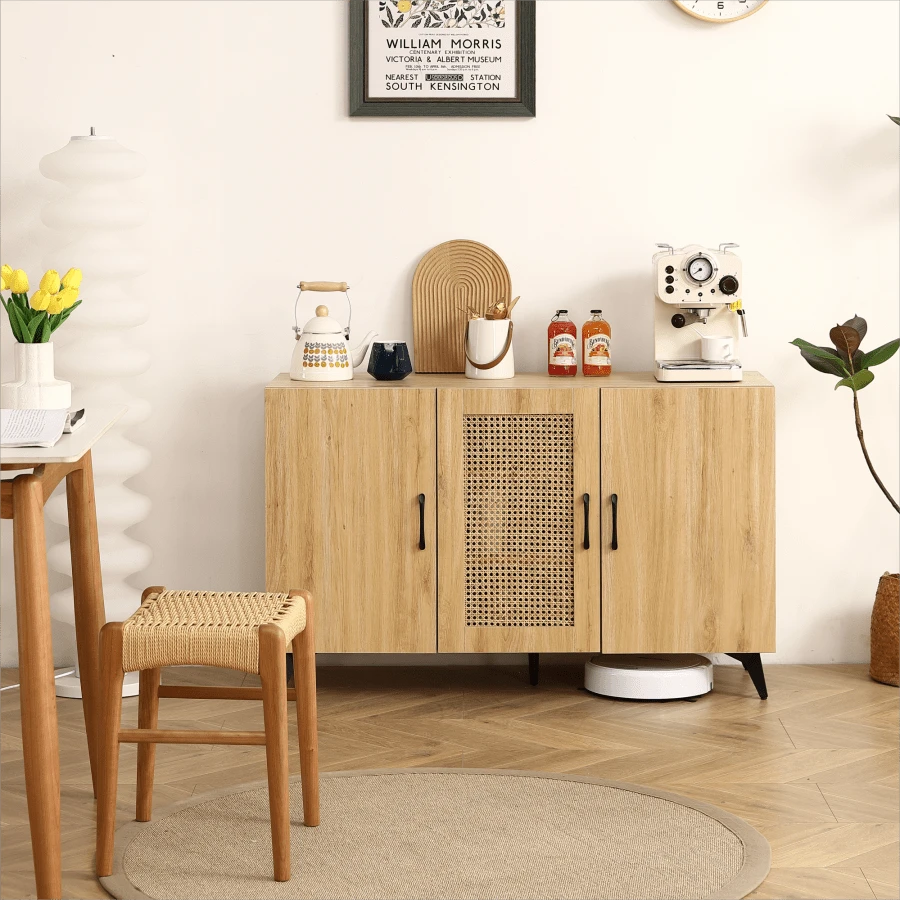 Three-Door Cabinet With Natural Rattan Mesh - Large Storage Space Kitchen Storage Cabinet.Stable And Durable Structure Perfect For Living Rooms Or Restaurants 45.3inch