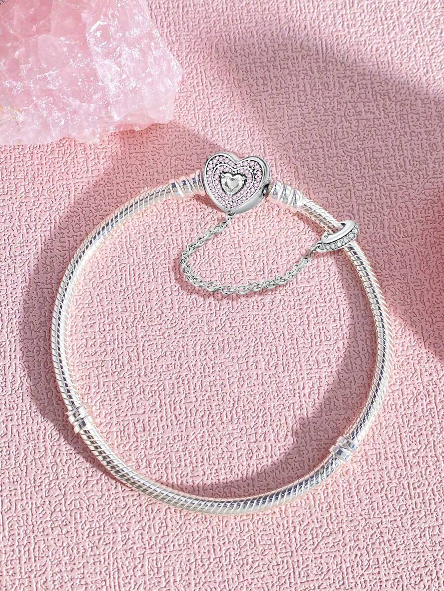 1 pièce Bracelet glamour en argent sterling 925 à perle en forme de cœur et en os de serpent de 16-22 cm pour femmes. Cadeau pour petite amie. Bijoux de qualité pour dames. Cadeau de la Saint-Valentin