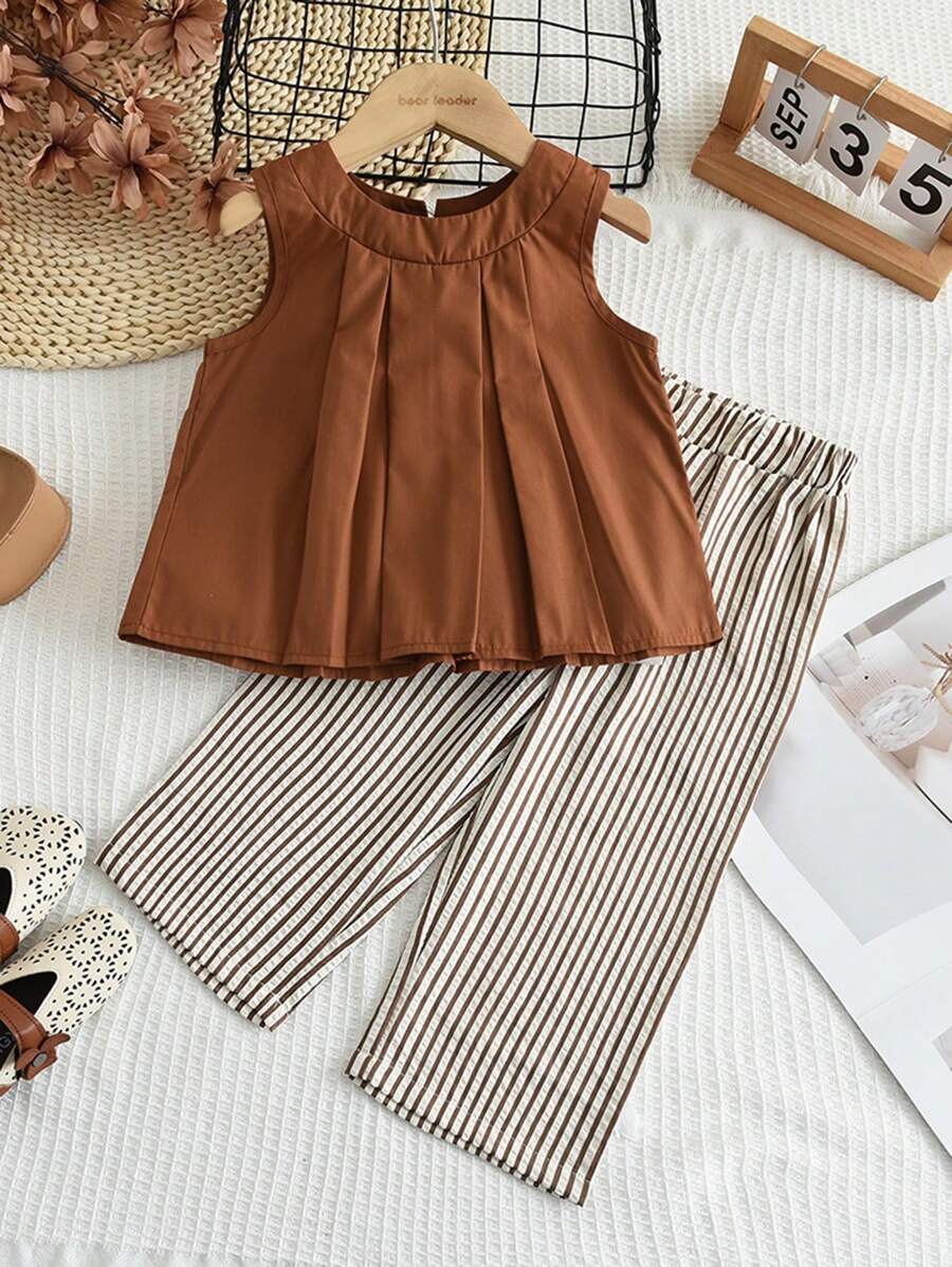 2pcs Young Girls Casual Striped Tank Top And Pants Set, Summer