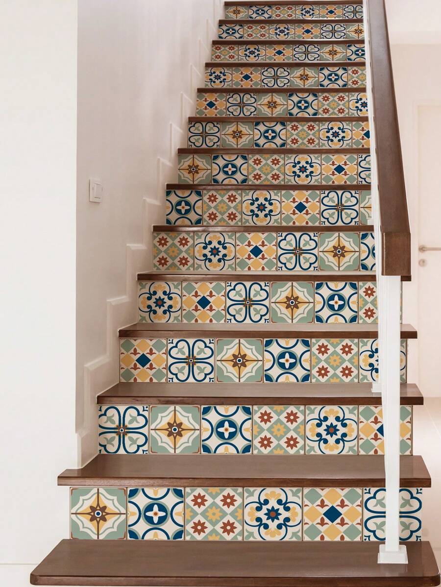 1 Roll Of 1 Pc Bohemian Style Pattern Home Decor Staircase Stickers, Thickened Waterproof Wear-Resistant Peel And Stick Removable, Can Be Used For Staircase Decor, Living Room Bedroom Decor,Counter Flooring Home Remodeling Renovation Beautification Stickers 41.73x6.97inch