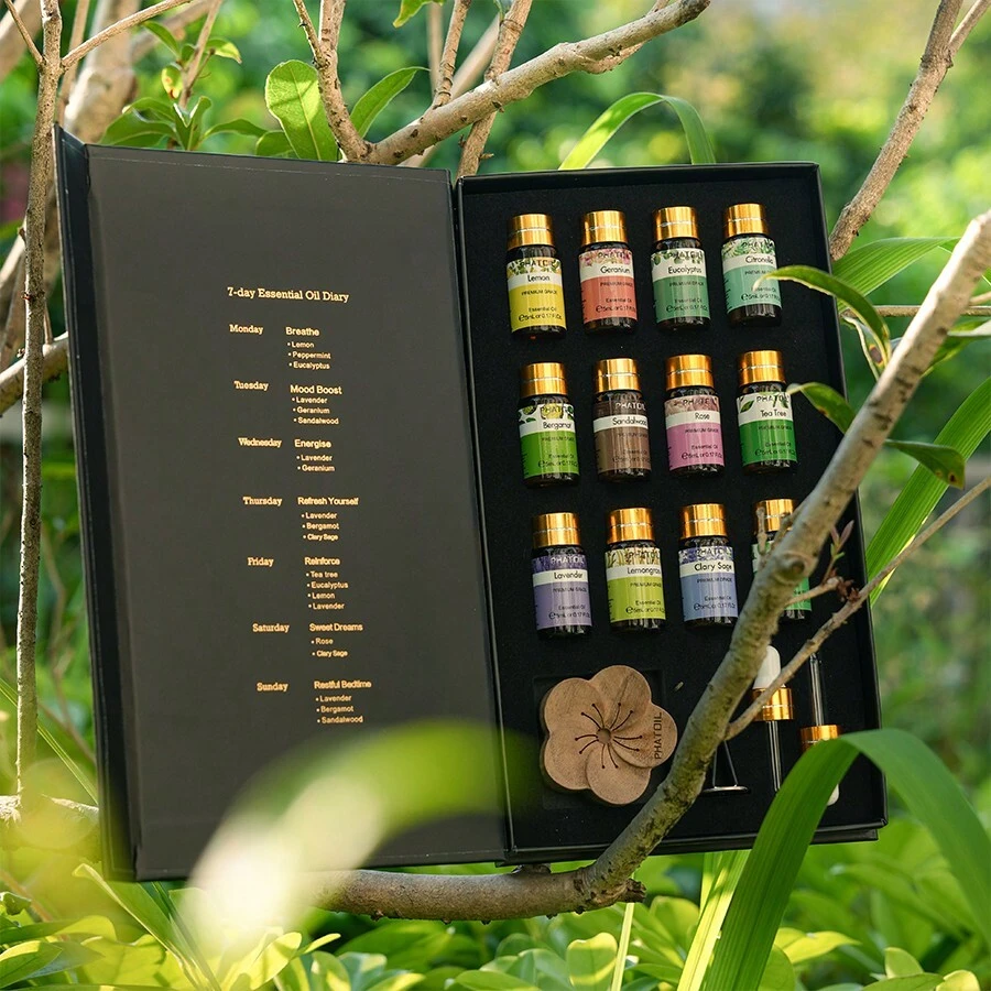 PHATOIL Premium Essential Oils Set 12pcs 5ml/0.17fl.Oz Essential Oils +Essential Oil Diffused Wood For Diffusers Humidifier Home Aromatherapy-Lavender, Eucalyptus, Peppermint, Sandalwood, Lemon, Rose, Bergamot, Tea Tree, Citronella, Geranium, Lemongrass, Clary Sage