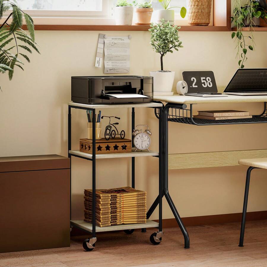 HOMCOM HOMCOM Support d'imprimante à 3 niveaux, meuble pour imprimante, sur roulettes, hauteur réglable, cadre en acier, pour bureau, maison, effet bois gris