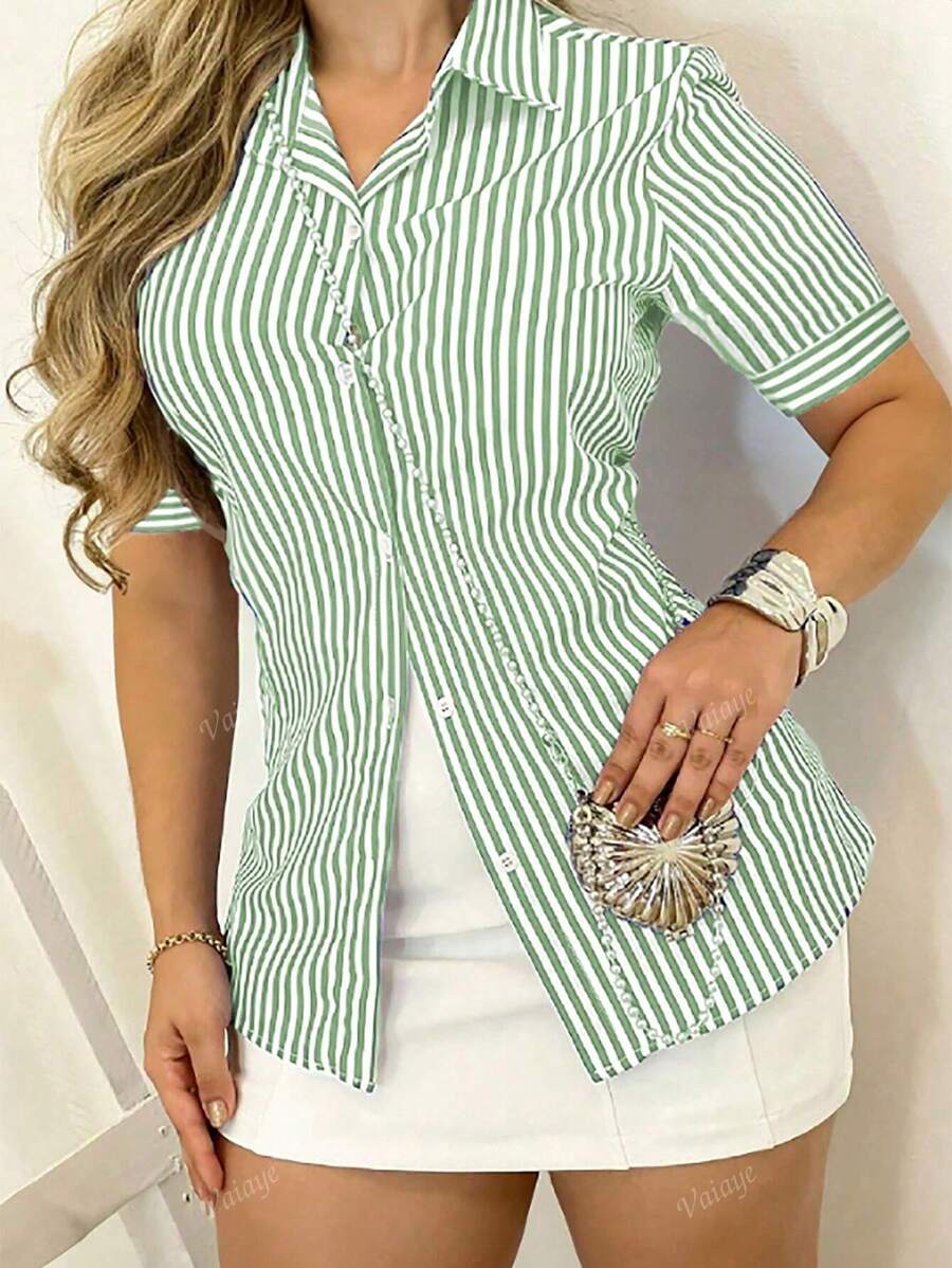 Dames Zomer Vrijetijdskleding Forensen Taille Getailleerd Dagelijks Gestreept Bedrukt Modieus Kort Mouw Shirt Saint Patrick's Day Kantoorkleding Vrouwen