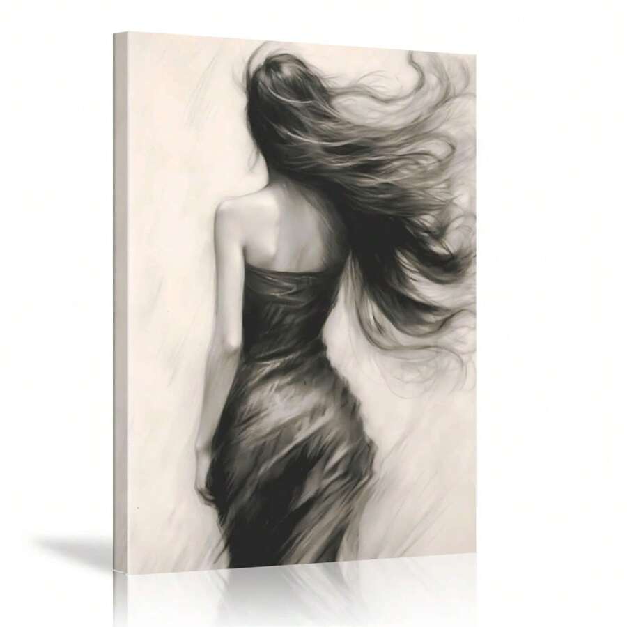 1 Piece Framed Woman Sketch Black And White Print, Wooden Figurative Art Canvas Charcoal Painting Poster, Suitable For Modern Living Room Bedroom Bathroom Toilet Hotel Apartment Villa Classroom Dormitory Home Office Wall Decoration Ready To Hang