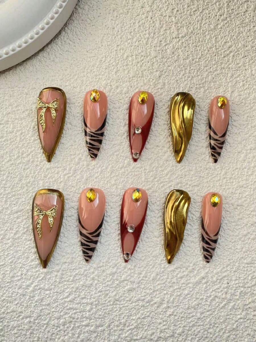 Pure Handmade Nail 10 Pieces High-Heeled Nail Type Hand-Painted French Zebra Pattern Three-Dimensional Modelling Glue Sunglasses Pink Bow With Sweater Fashion Versatile Can Be Given To Friends And Best Friend Birthday Holiday Gift Press On Nails