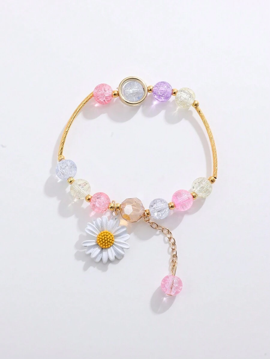 1 Pc Daisy Elastic Bracelet With Colorful Bead, Cute Sunflower Friend Gift, Student Accessory
