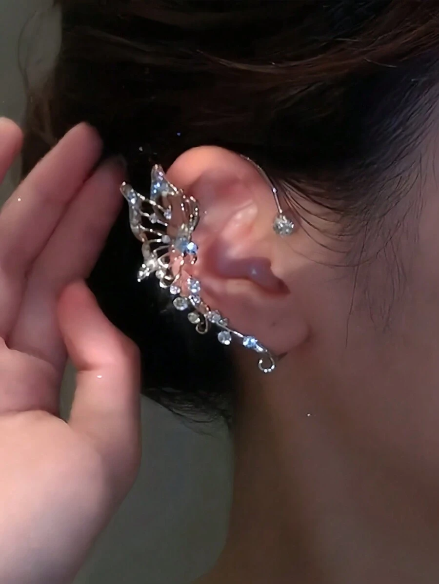 1pc Fashionable Hollow Out Butterfly Crystal Decor Earrings, Suitable For Women Everyday, Party And Festival Wearing
