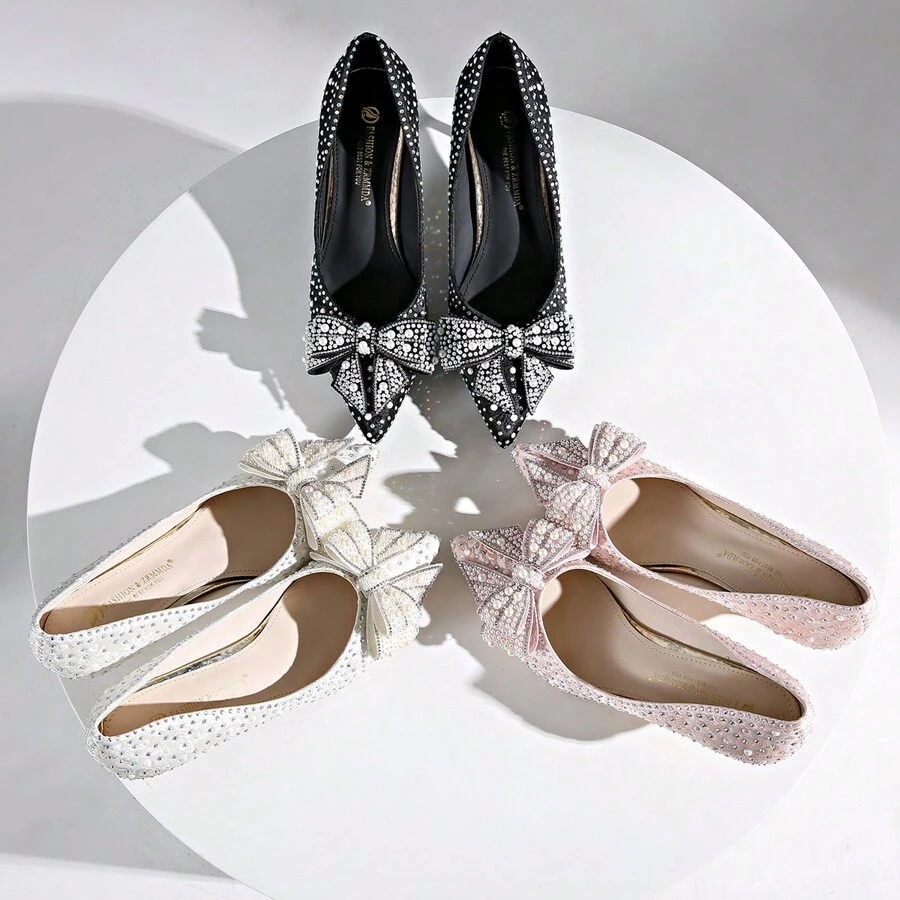 Summer Pointed Toe Pearl Rhinestone Bow Shiny Laser Holographic Pearl Random Printed Textured Mini High Heel Slip-On Shoes For Casual Or Party Valentines
