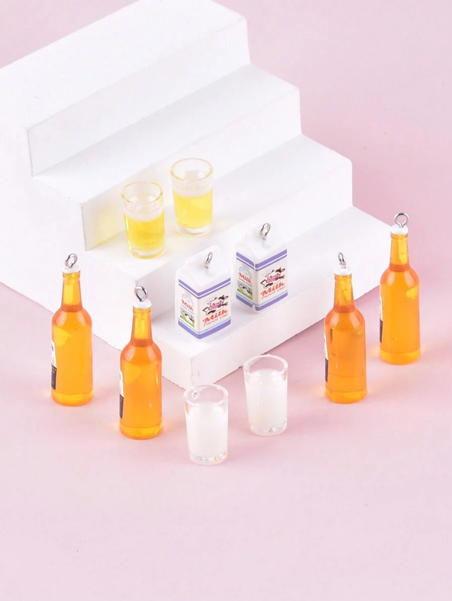 Set de 10 charms de resina de estilo de moda variado de bebida, leche, alcohol, cerveza para hacer joyas DIY para mujeres