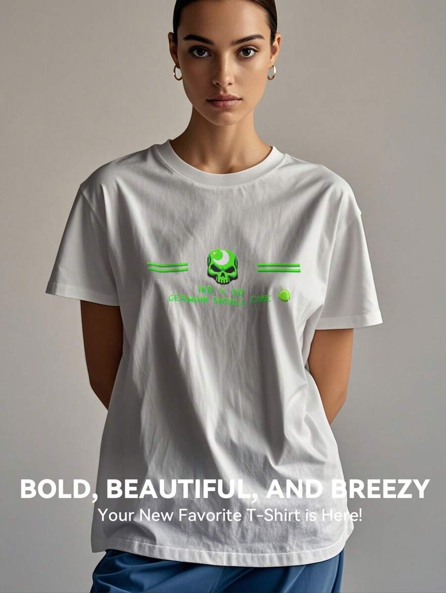 Women's Print Short Sleeve T-Shirt, Black & White Shirt, 180gsm Shirt, Crew Neck Short Sleeve T-Shirt, Breathable & Comfortable Casual Sports Fitness Tee, Casual Vintage Style, Suitable For Summer, Beach Holiday Crew Neck Short Sleeve Casual T-Shirt, Summer Tee