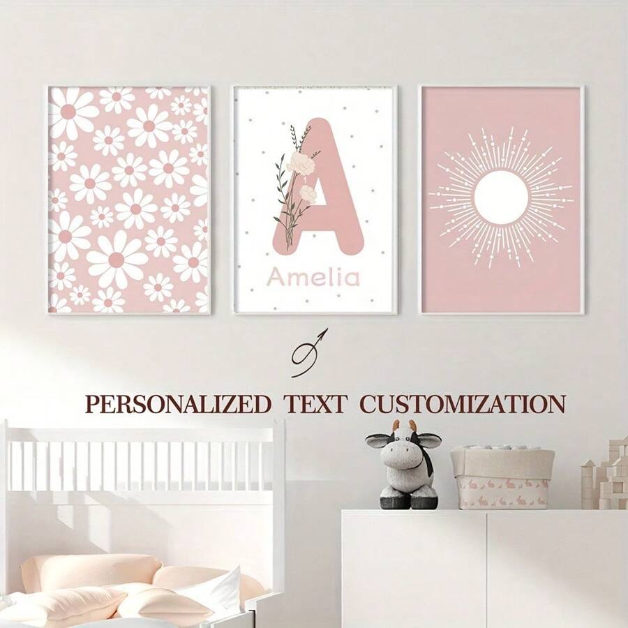 Set de 3 impresiones en lienzo personalizadas con nombre, margaritas y girasoles - Arte de pared bohemio elegante para habitación de niños, decoración de habitación juvenil | Pósteres florales sin marco para dormitorio de niñas y dormitorio | Colgantes florales modernos escandinavos | Regalo de cumpleaños perfecto