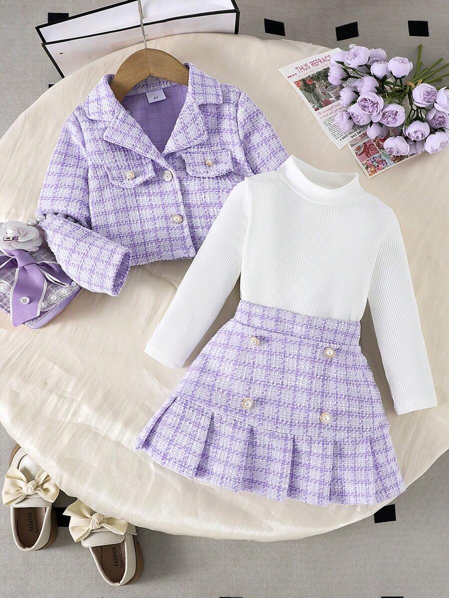 3 pièces Ensemble veste à manches longues, Top à manches longues et jupe plissée avec imprimé style uniforme scolaire élégant pour jeune fille, printemps/automne
