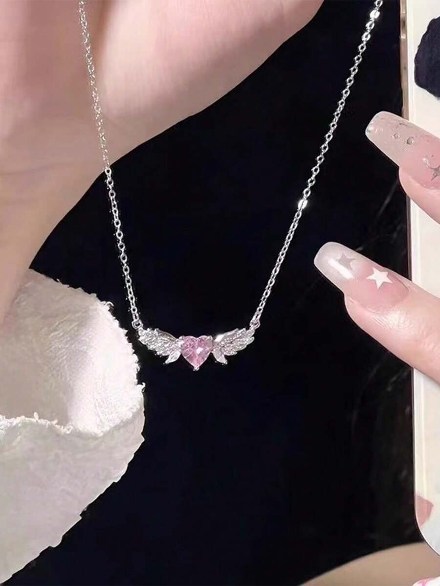 1pc Women's Fashion Luxury Y2K Sweet Girly Style Crystal Angel Wing Pendant Necklace, Suitable For Daily Wear