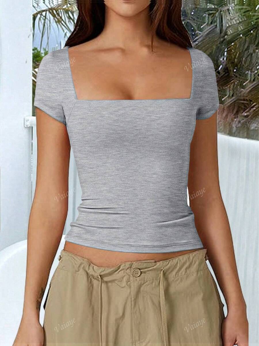 Vaiaye Women's Summer Solid Knitted Square Neck Sexy Slim Fit Y2K Cropped Waist T-Shirt