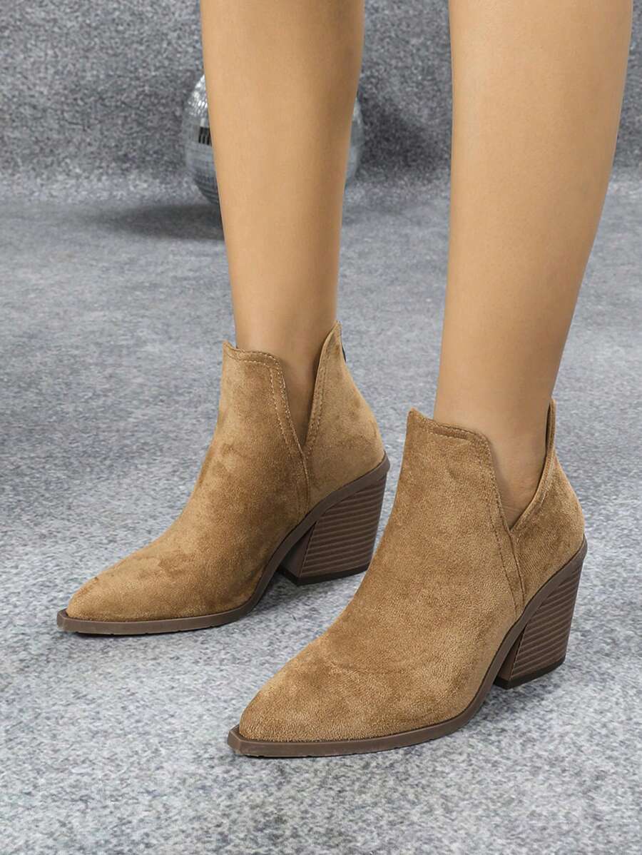 2024 New French Style Short Boots For Women, British Retro Boots, Pointed Toe Chunky Heel Ankle Boots With Back Zipper, Autumn/Winter