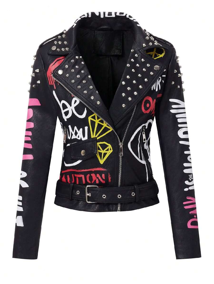 Chaqueta de piel sintética para mujer con remaches florales para motociclista y solapa corta