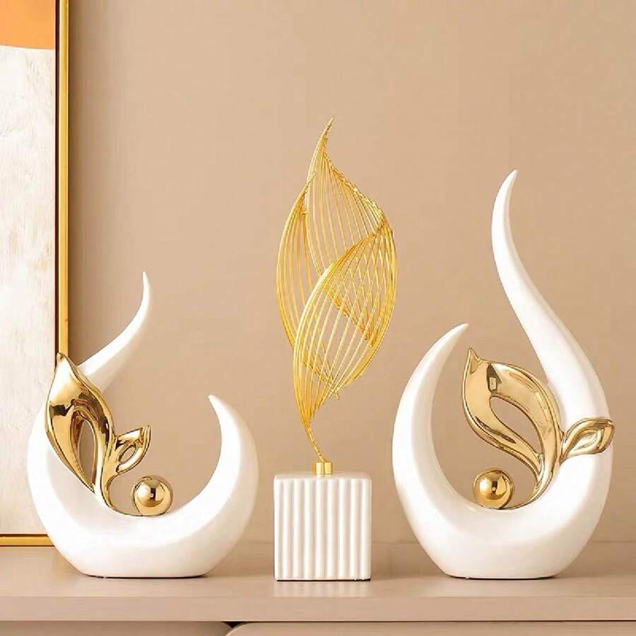 2/1 Pc White Gold Home Decor Accent Ceramic Statue Abstract Sculptures Centerpieces Mid Century Modern Decor For Tables Coffee Table Top Decorations For Living Room Desktop Shelf Dining Room Kitchen Birthday Gifts Graduation