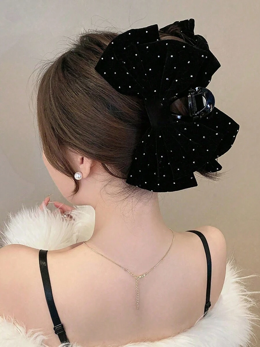 topshiny 1pc Women's Solid Color Velvet Rhinestone Extra Large Double Layer Bow Hair Claw Clip, Suitable For Party, Ball, Event, And Daily Wear, Autumn/Winter Hair Clips Hair Jaw Clip Hair Clamps Hair Clutch Hair Catcher Clip, Autumn, Bow Accessories, School Stuff, College