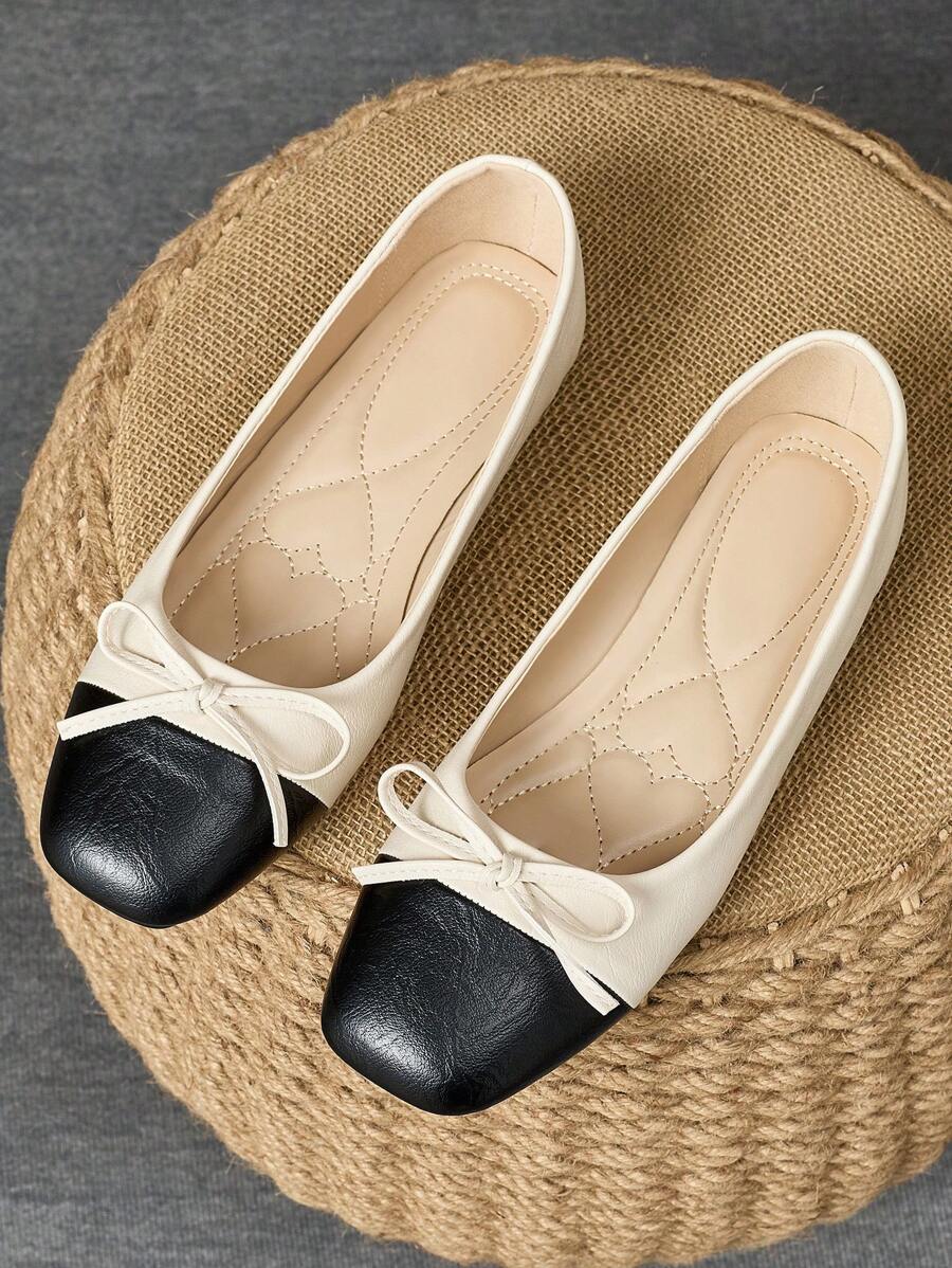 Chaussures plates avec nœud et bout carré pour femmes, couleurs : abricot, noir, blanc, kaki. Convient pour un usage en extérieur, haut de gamme, décontracté, polyvalent