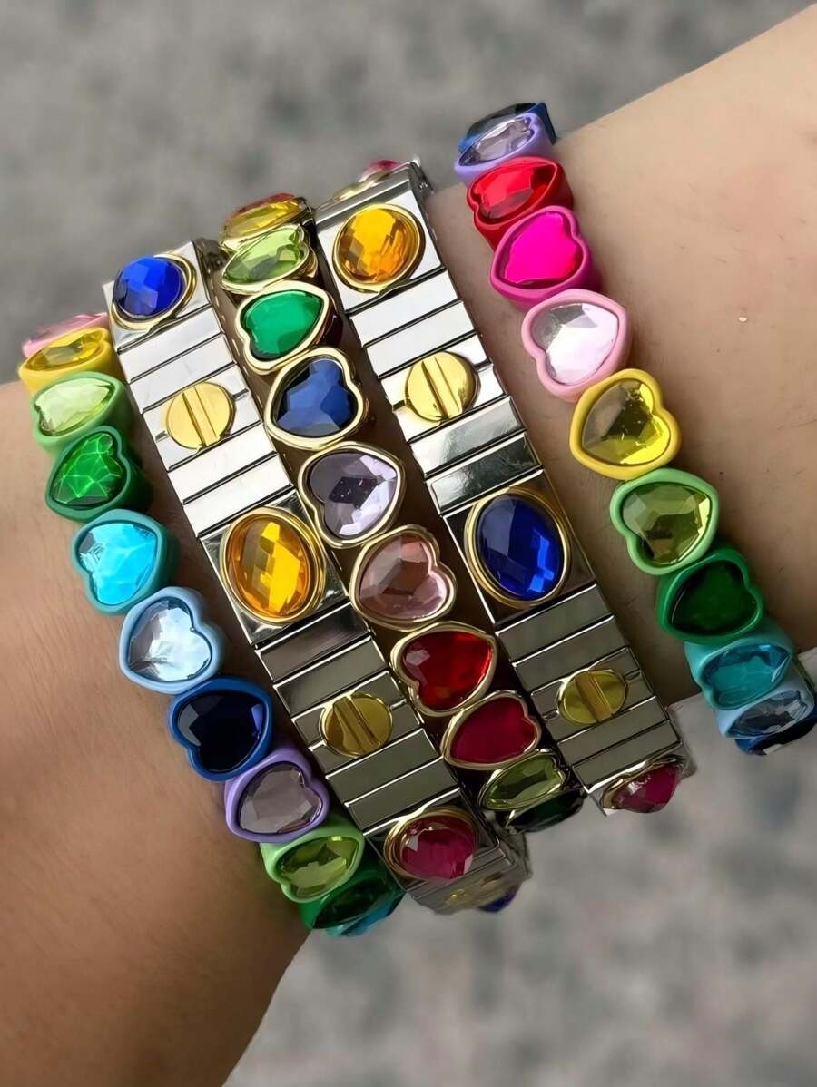 1pc High-Quality Stainless Steel Heart Rhinestone Mix Bracelet, Suitable For Women Daily Wear & Dating Gift Valentines
