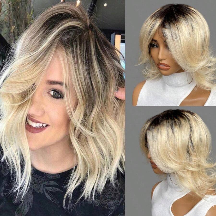 Peluca de cabello humano de 12 pulgadas con ondas cortas, sin encaje frontal, con flecos, corte pixie, color 1B/613 para mujeres, fabricada a máquina
