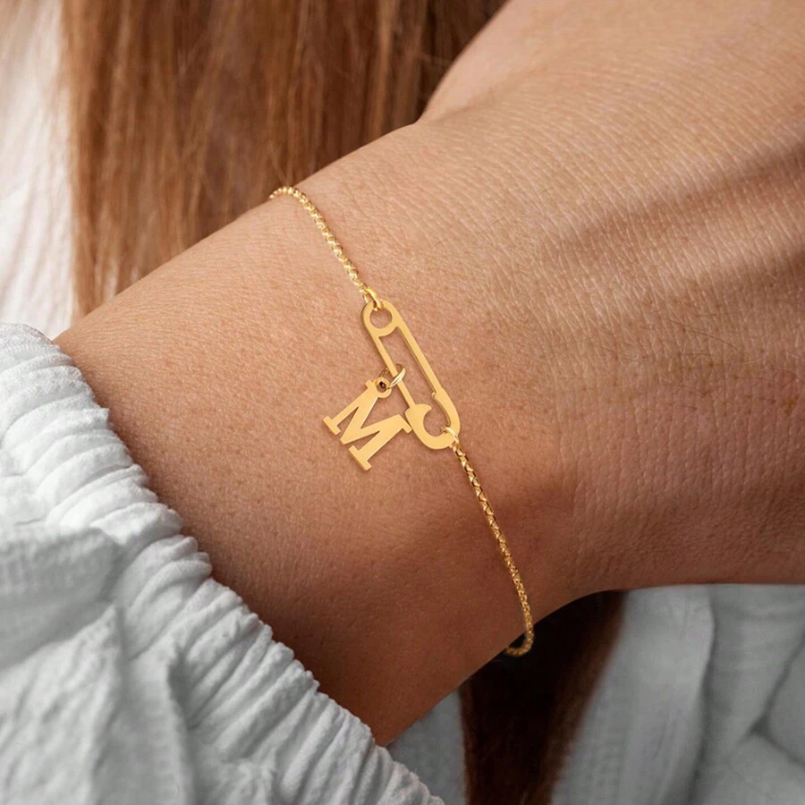 1pc Simple Gold Color Initial Pin Stainless Steel Chain Bracelets For Women