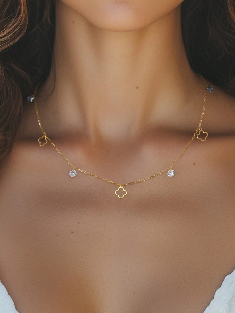 1 Pc Fashionable Minimalist 925 Silver Necklace Chain Four-Leaf Clover-Shaped With Zirconia 18K Gold Plated Necklace Suitable For Women's Daily Wear And Summer Vacation Valentines