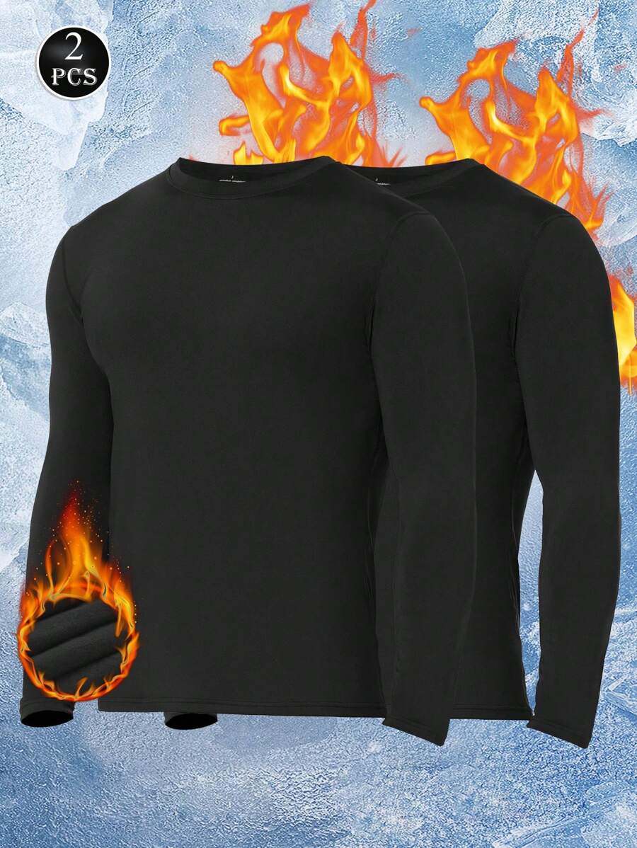 2PCS/SET Men's Warm Underwear Top Long Sleeve Warm Lightweight Backing Round Neck Solid Color Shirts