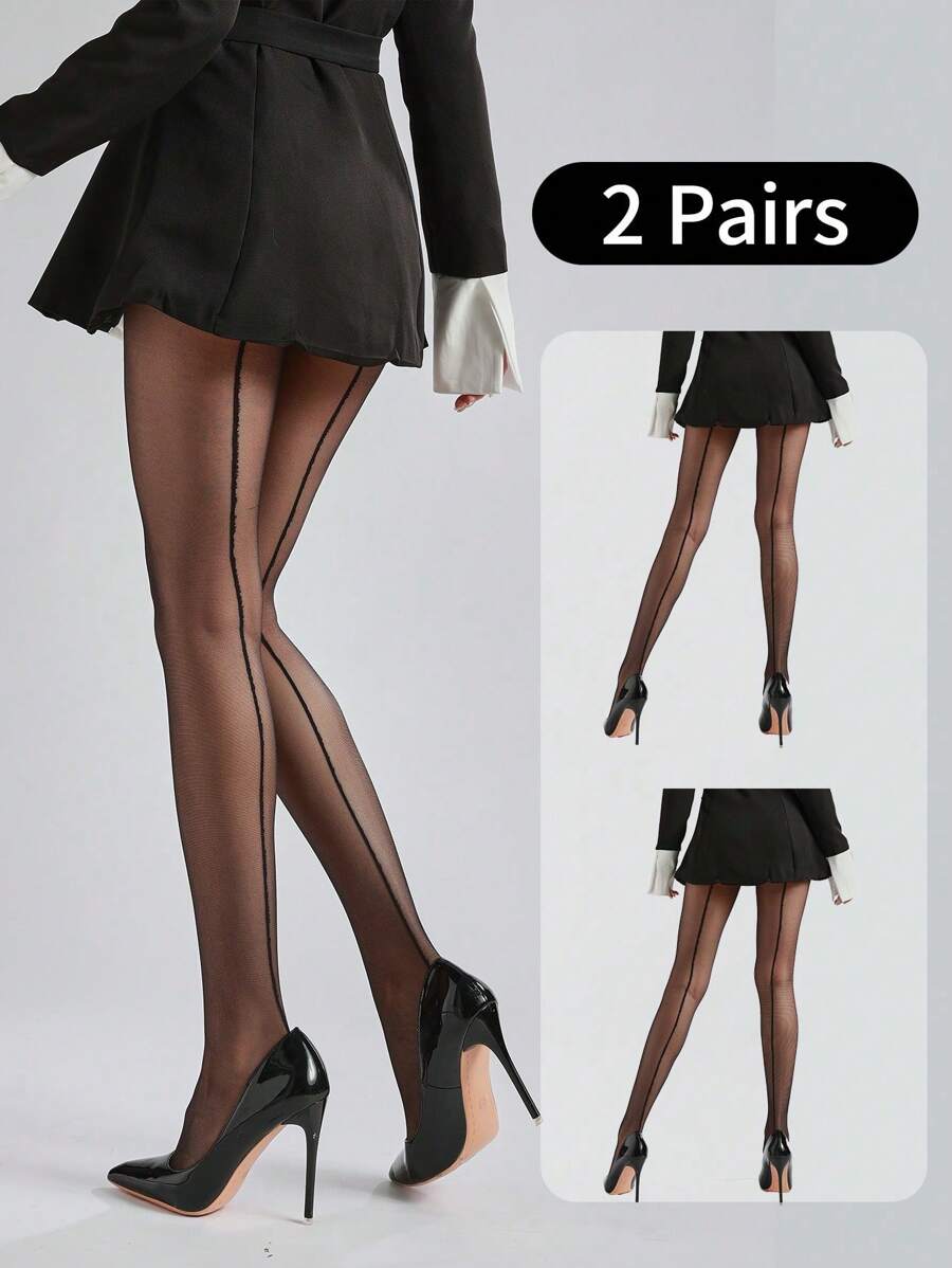 Elegant Sheer Vintage Double Seam Pattern Pantyhose, Thermal Stretch Slim Pantyhose, Shrimp Line Black Hose, See-Through Pantyhose, Sheer Mesh Pantyhose, Women's Elegant Striped Pantyhose, Women's Socks And Stockings