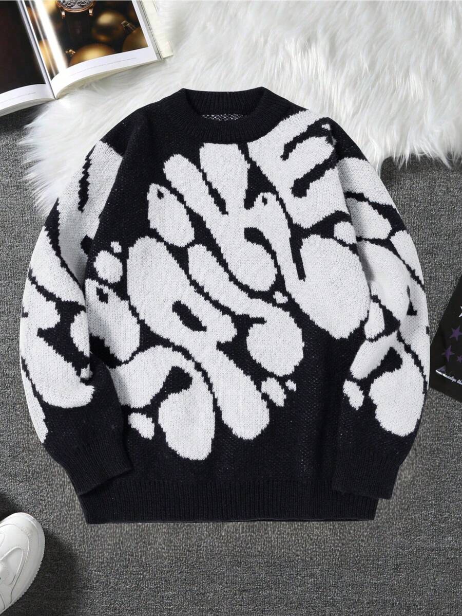 1pc Tween Boy Casual Letter Jacquard Crew Neck Pullover Knitted Sweater, Autumn/Winter