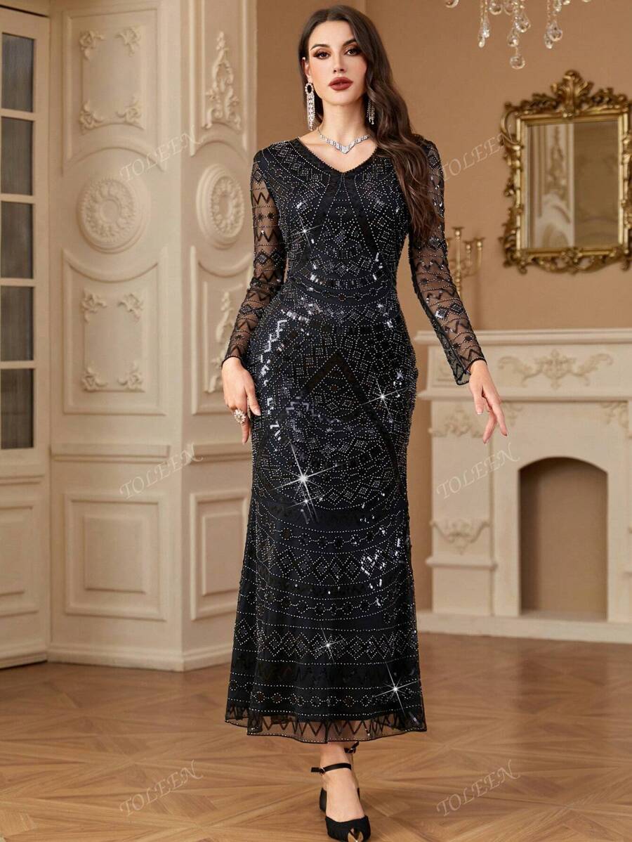 Vestido largo modesto de manga larga con elaborados bordados de lentejuelas y cuentas, estilo árabe, para mujeres