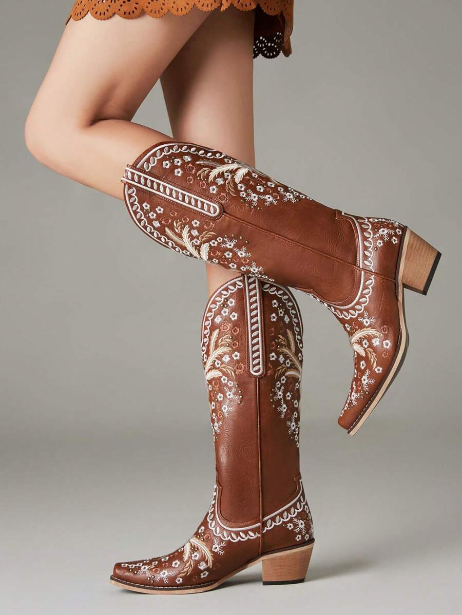 Cowgirl Western Women Embroidered Boots Flower Design Square Toe High Heel Mid Calf Shoes Luxury Retro Ridding Winter Boots