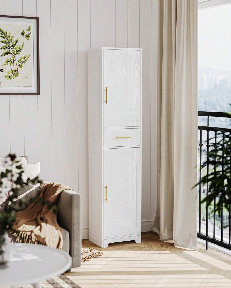 Hzuaneri Mueble de baño, gabinete de almacenamiento con 1 cajón y 2 puertas, estante ajustable, gabinete alto y estrecho para sala de estar, dormitorio, cocina, pasillo, blanco