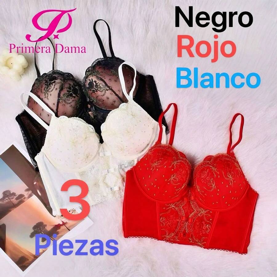 PRIMERA DAMA Brasier tipo corset con varilla y push up , brasier con tirantes ajustables, resalta pecho, detalles de bordado con encaje en la parte frontal y detalles de brillos dorado.