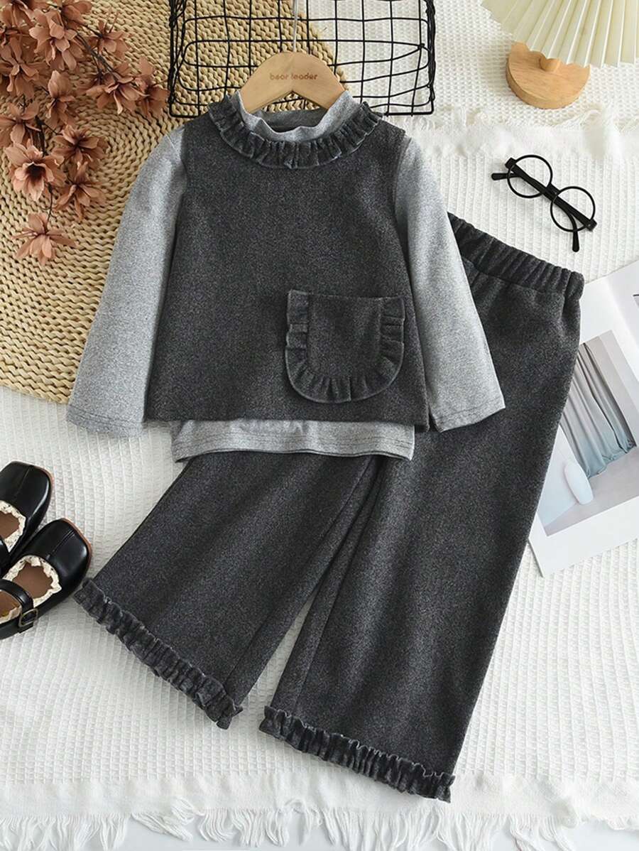 3pcs Young Girl Casual Plain Half Collar Base Shirt & Side Pockets Vest & Lace Trousers For Autumn And Wintter