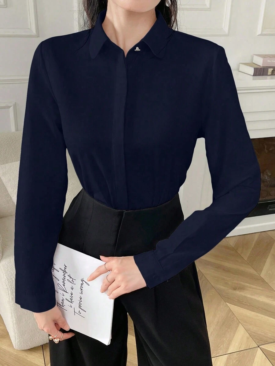 Elva Women's Solid Color Long Sleeved Business Interview Commuting Casual Relaxed Feeling Simple Elegant Spring Summer Autumn Shirt