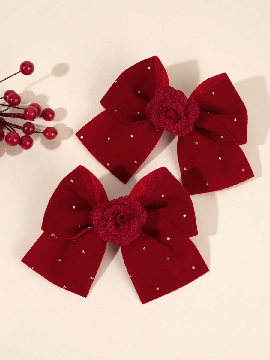 2 stuks rode strik haarspeldjes voor meisjes, stoffen bloemen en strass decoratie haarstrikken voor kinderen, elegante haaraccessoires voor peuters dagelijks leven