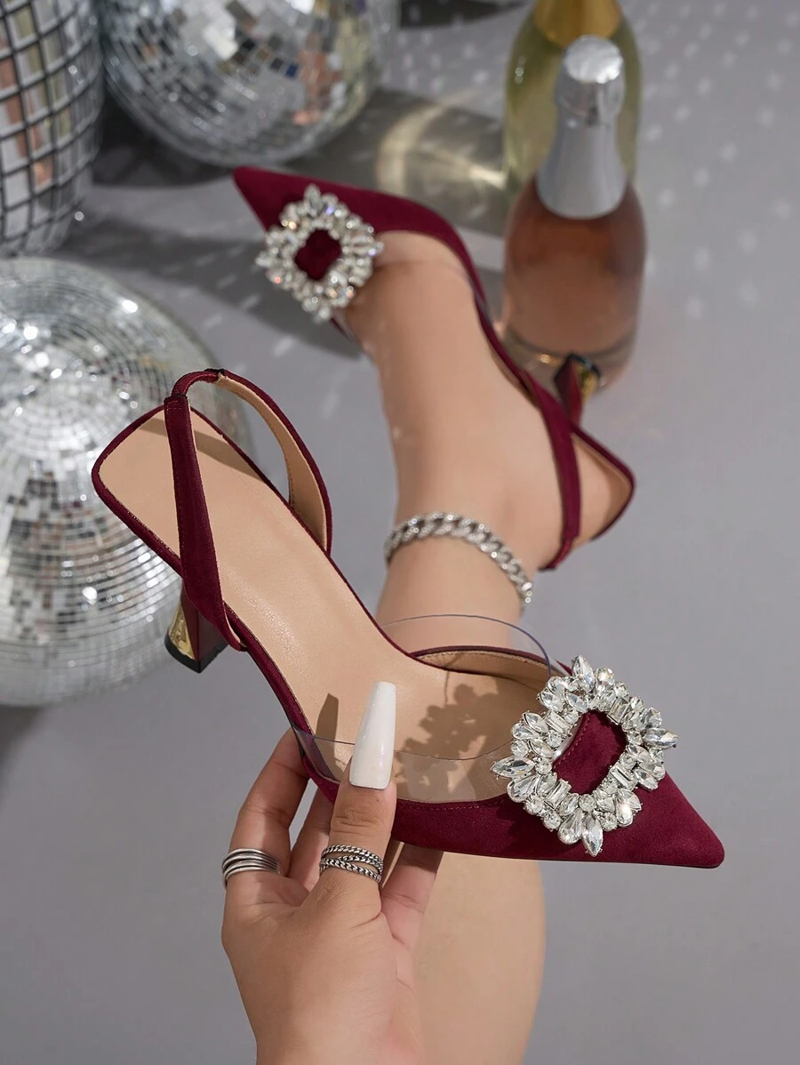 Women's Rhinestone Decor Pointed Toe Slingback High Heel Shoes, Elegant And Comfortable, Suitable For Formal Party, Banquet, Gala, Autumn/Winter, Burgundy Valentines