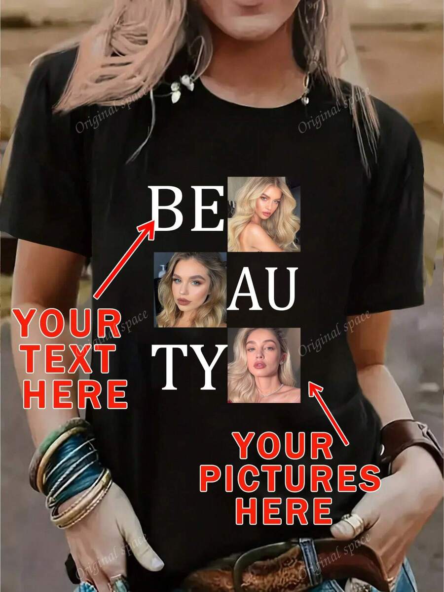 Customizable Photo & Text Printed T-Shirt For Family Gathering, Group Outfit, Infant/Friend/Couple/Pet, Autumn Clothing, Women Tops, Black Tee, Autumn Lady, Holiday Gift, Valentine's Day, Halloween, Thanksgiving, Christmas, Anniversary, Wedding, Best Friend