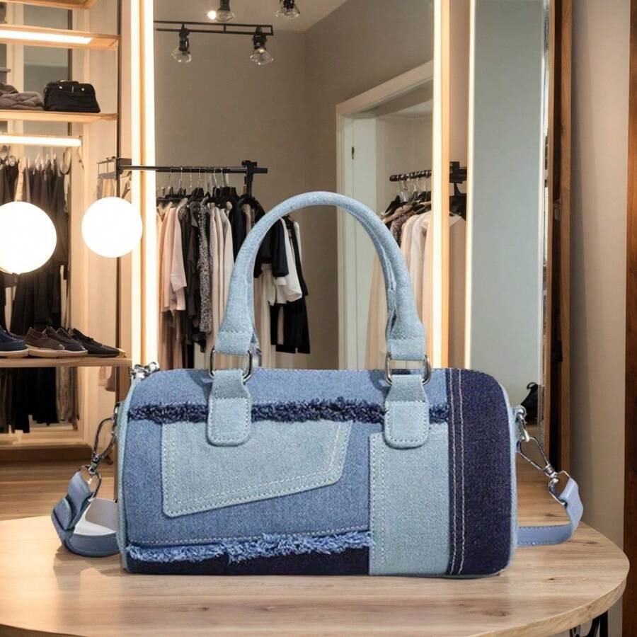 Denim Tote Bag For Women, Patchwork Pattern Casual Shoulder Bags, Large Capacity Crossbody Bag, Shoulder Bags For Work Travel Daily Matching With Long Shoulder Strap