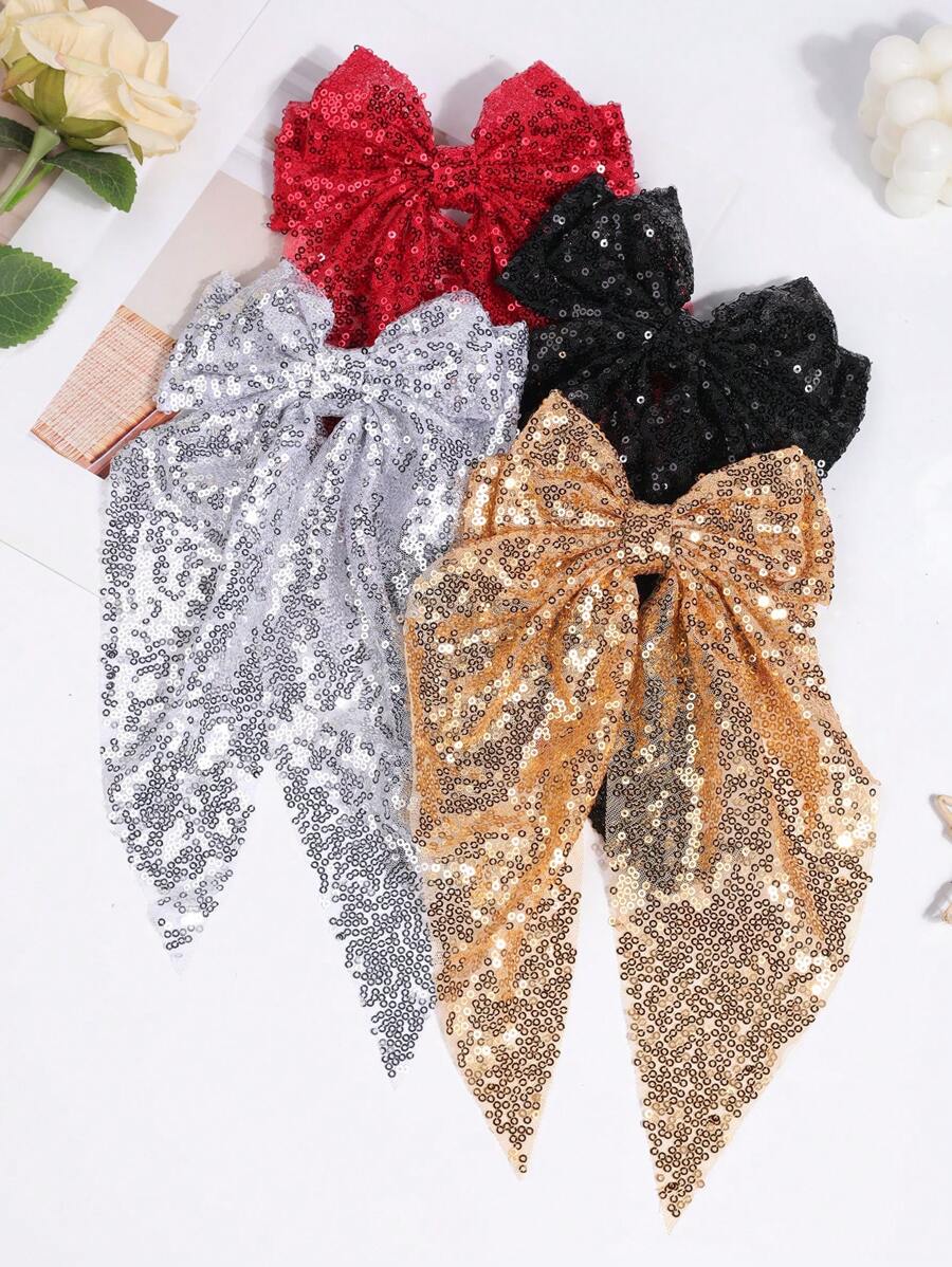 1 pièce Pince à cheveux avec nœud pailleté, accessoire pour queue de cheval avec ruban, style féminin