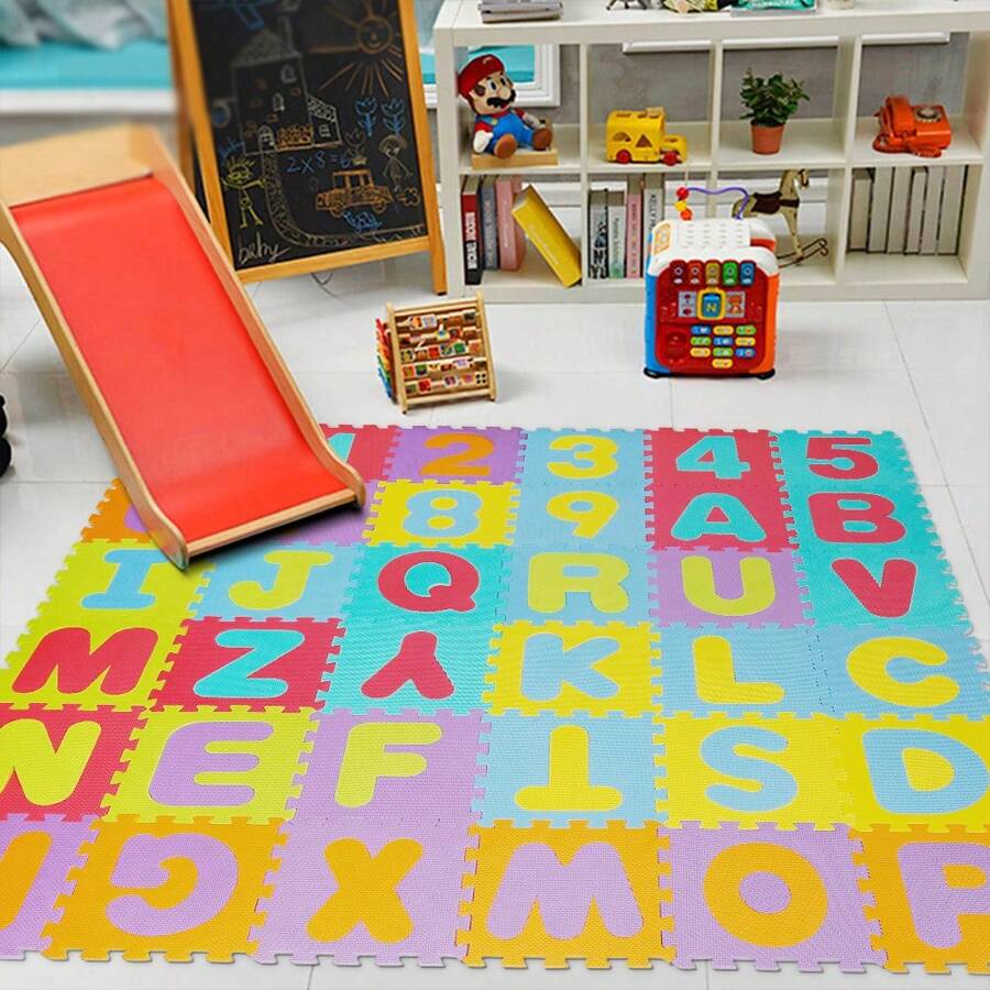 Tappetino puzzle da 36 pezzi per bambini, tappetino puzzle in schiuma, tappetino in schiuma, pannello in schiuma per bambini, tappetino puzzle, tappetino da gioco per bambini, tappetino da gioco per bambini con lettere e numeri, adatto per bambini da 1 a 6 anni