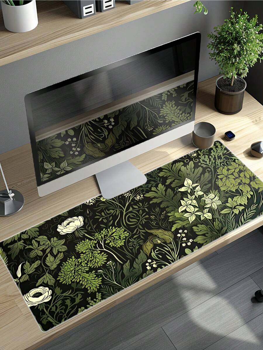 1pc Green Floral Pattern Rubber Anti-Slip Computer Laptop Office Gaming Mouse Pad