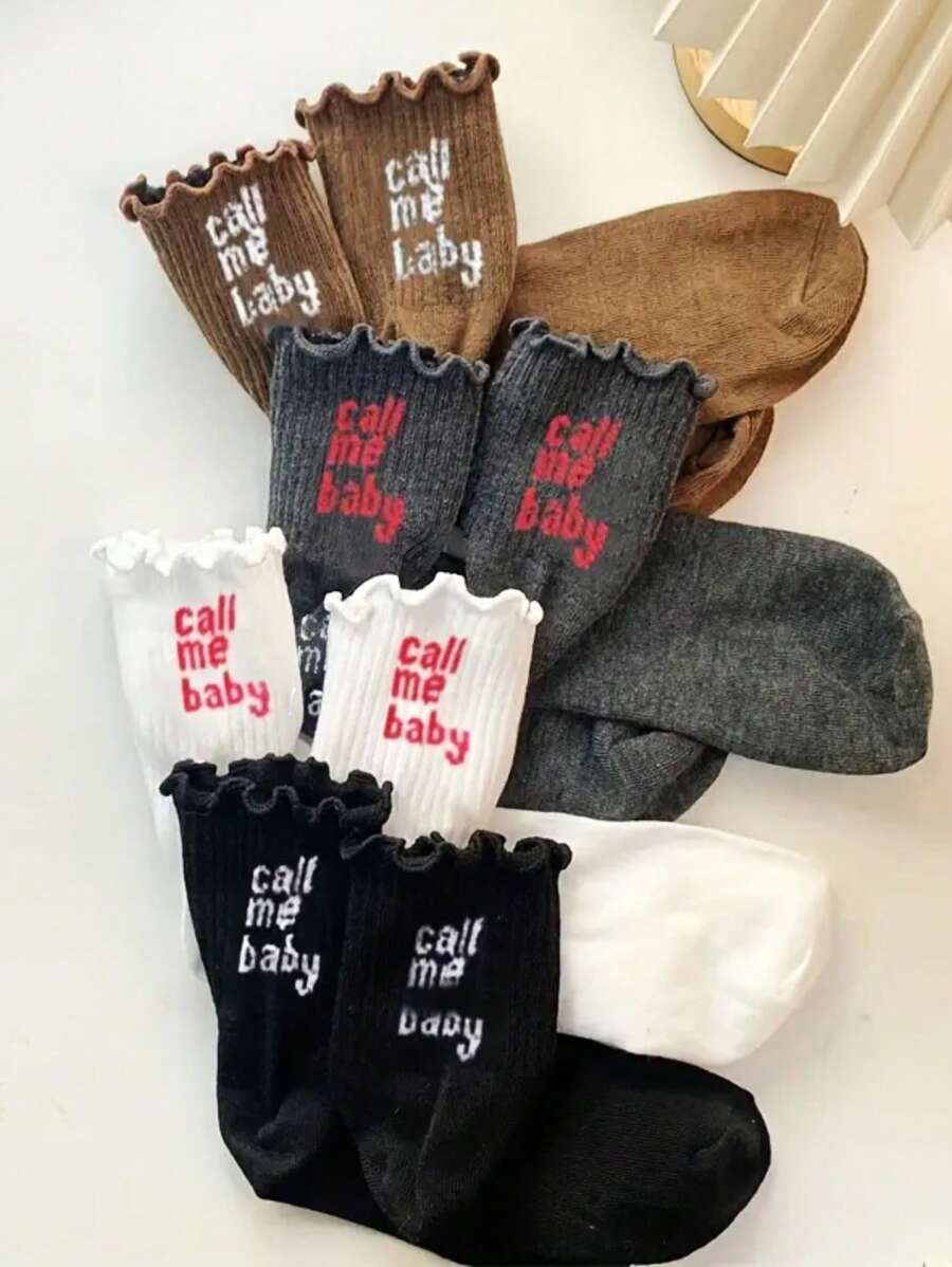 4 Pairs New Cute Breathable Wicking Girl Ruffle Hem Socks With Back Letter Vertical Stripes Mid-Tube Socks