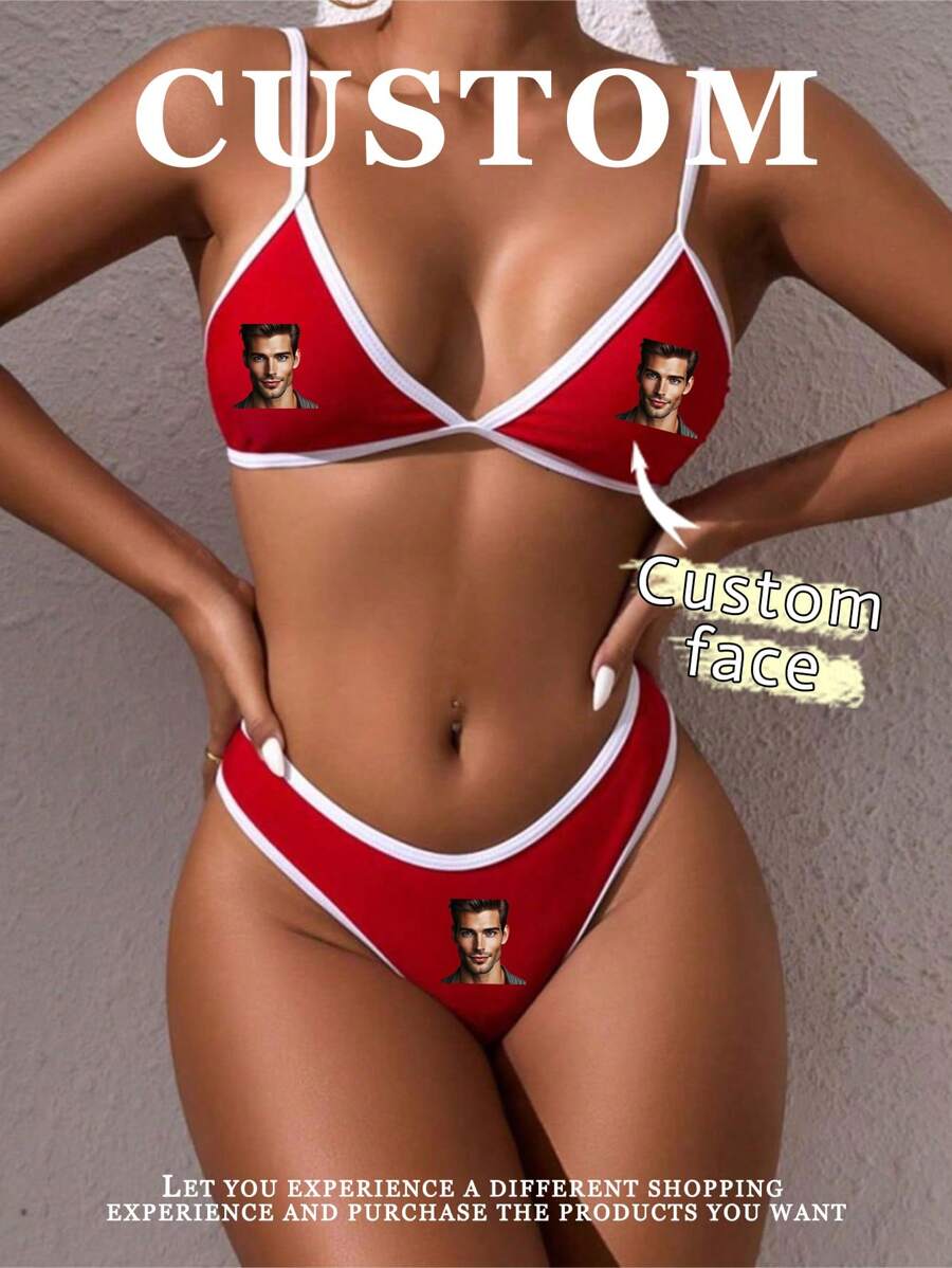 2 piezas de traje de baño ajustado de unicolor sexy y cómodo con imagen de perfil personalizada de una dama navideña, colorido, lindo, adorable, contenido, divertido, personalizado, único, personalizado, regalo ideal para él, novio, novia, familia, amigos, abuelos, niños, ella