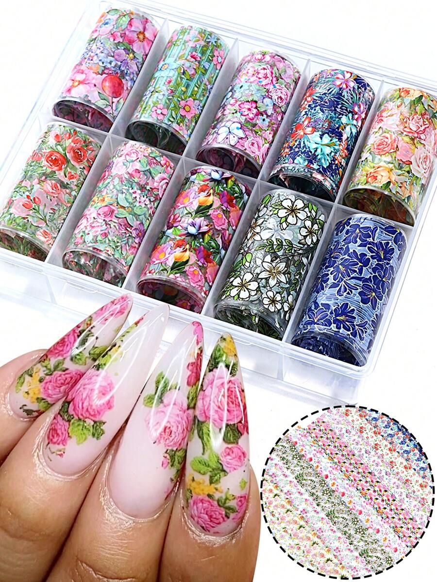 10 fogli/scatola Carta da trasferimento per arte di unghie con piccoli motivi floreali colorati, carta da trasferimento per arte di unghie con motivi floreali e vegetali, decorazioni per arte di unghie floreali, per nail salon fai-da-te (senza colla)