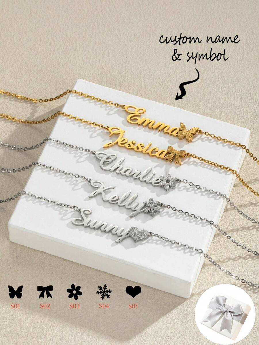 1pc Customized Matte Butterfly & Heart Symbol Nameplate Necklace, Personalized Snowflower Flower Name Necklace, Unique Christmas Snowflake Winter Text Necklace, Heart Symbol Nameplate Necklace Gift For Her, Valentine's Day Gift, Birthday Gift